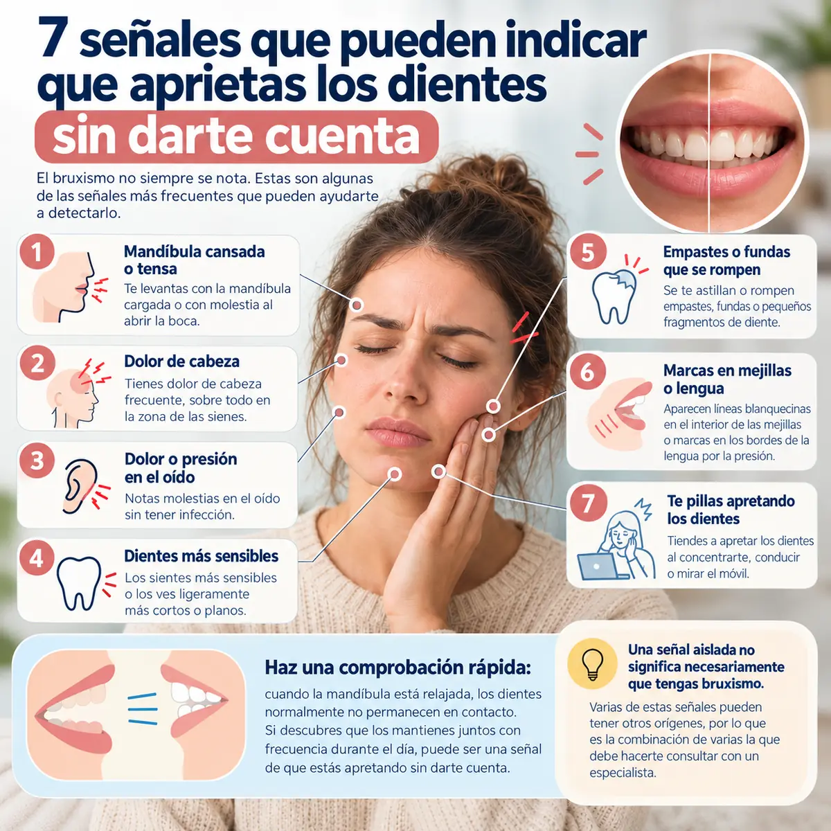 Infografía: 7 señales que pueden indicar que aprietas los dientes sin darte cuenta (mandíbula cansada, dolor de cabeza, dolor de oído, dientes sensibles, empastes que se rompen, marcas en mejillas o lengua y apretar al concentrarte)